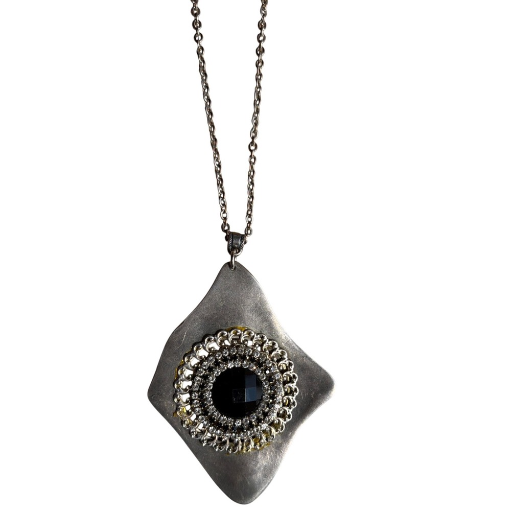 Silver Tone Long Pendant Necklace Black Stone Crystal Filigree Didi Layering